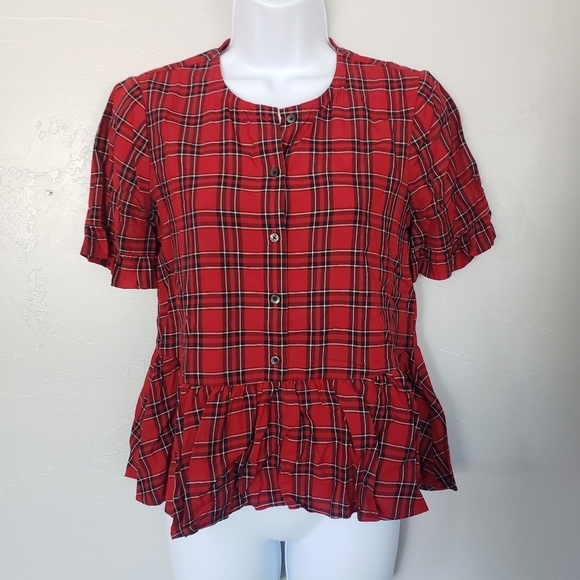 Madewell Red Black Plaid Short Sleeve Peplum Top - Picture 1 of 7